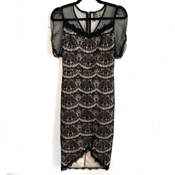 Fire Los Angeles Dress Fitted Bodycon Black Beige Lined Swiss Dot Mesh Small - Picture 1 of 5
